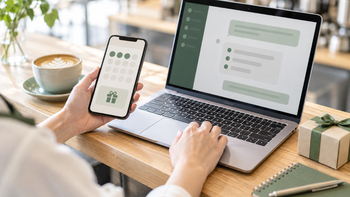 スマートフォンでLINE公式のショップカード案内文を確認している手元